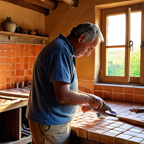 Home 4 Artisan Tile Maker**
Prompt: Warm, inviting photo of a family-owned artisan tile workshop in France. Focus on the hands of an artisan carefully crafting a tile, surrounded by traditional tools and colorful finished tiles. Emphasize the passion and heritage of the craft. Golden hour lighting, rustic setting. French countryside in the background.
**