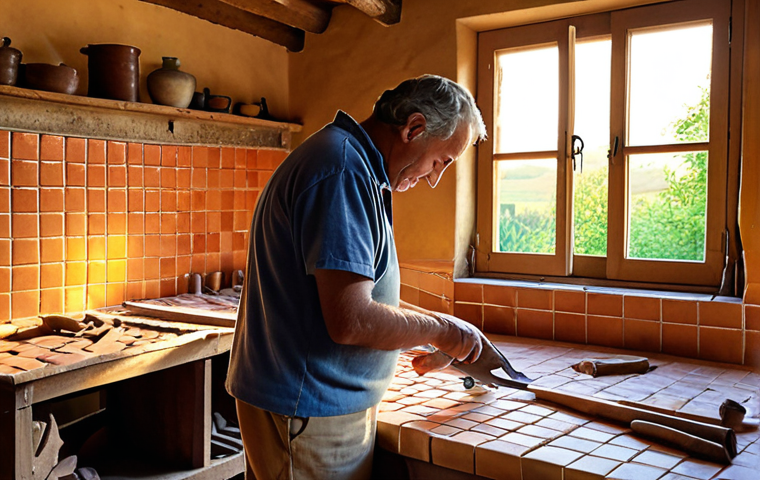 Artisan Tile Maker**
Prompt: Warm, inviting photo of a family-owned artisan tile workshop in France. Focus on the hands of an artisan carefully crafting a tile, surrounded by traditional tools and colorful finished tiles. Emphasize the passion and heritage of the craft. Golden hour lighting, rustic setting. French countryside in the background.
**