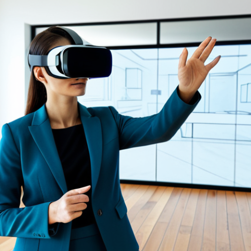 A professional female architect, fully clothed in a modest business suit, stands in a brightly lit, minimalist modern architectural studio. She is wearing a sleek virtual reality headset, with her hands gently gesturing as if navigating a virtual space. In front of her, a large, transparent holographic display shows a photorealistic 3D rendering of a contemporary home interior, where the textures of a hardwood floor and the finish of a concrete wall are seamlessly changing in real-time, demonstrating material customization. The image captures a sense of innovation and forward-thinking design. The architect has perfect anatomy, correct proportions, natural pose, well-formed hands, and proper finger count. This image is safe for work, appropriate content, fully clothed, and professional.