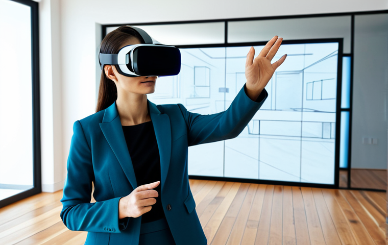 A professional female architect, fully clothed in a modest business suit, stands in a brightly lit, minimalist modern architectural studio. She is wearing a sleek virtual reality headset, with her hands gently gesturing as if navigating a virtual space. In front of her, a large, transparent holographic display shows a photorealistic 3D rendering of a contemporary home interior, where the textures of a hardwood floor and the finish of a concrete wall are seamlessly changing in real-time, demonstrating material customization. The image captures a sense of innovation and forward-thinking design. The architect has perfect anatomy, correct proportions, natural pose, well-formed hands, and proper finger count. This image is safe for work, appropriate content, fully clothed, and professional.