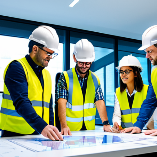 **

"A team of architects and engineers wearing hard hats and safety vests, collaborating around a large table in a bright, modern office. They are viewing a holographic projection of a building design, pointing and discussing details. fully clothed, appropriate attire, safe for work, professional environment, perfect anatomy, correct proportions, well-formed hands, proper finger count, natural pose, family-friendly, professional architecture photography, high quality, showcasing augmented reality in construction, focus on teamwork."

**