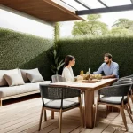 건축자재 마케팅 전문 용어 정리 - **Prompt:** "A serene, well-lit scene showcasing a modern, sustainably-built composite wood terrace....