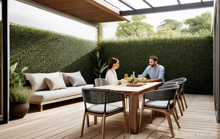 건축자재 마케팅 전문 용어 정리 - **Prompt:** "A serene, well-lit scene showcasing a modern, sustainably-built composite wood terrace....