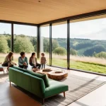 건축자재 마케팅 블로그 글쓰기 팁 - **Prompt:** "A panoramic shot of a modern, eco-friendly family home, bathed in warm, natural light. ...