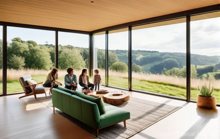 건축자재 마케팅 블로그 글쓰기 팁 - **Prompt:** "A panoramic shot of a modern, eco-friendly family home, bathed in warm, natural light. ...