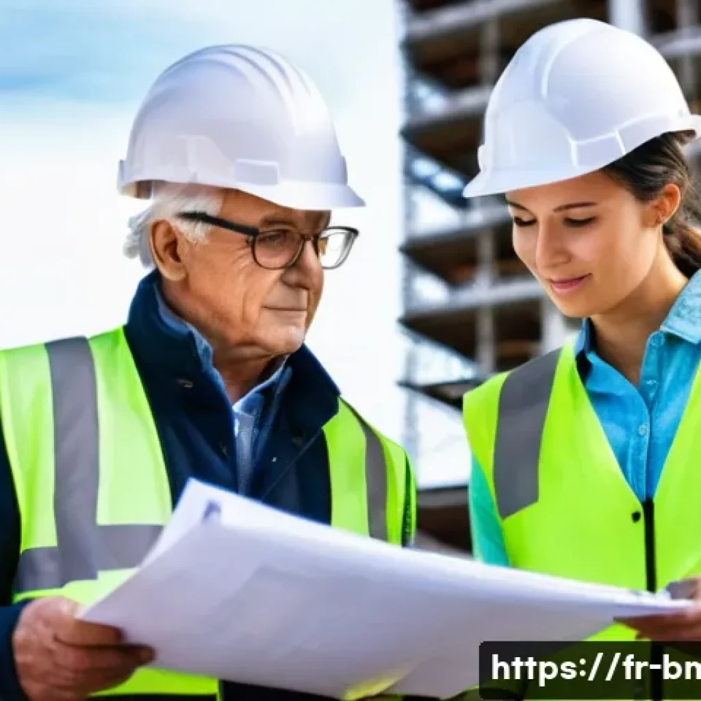 건축자재 마케팅 전문가 네트워킹 팁 - **Prompt:** A brightly lit construction site at dawn in Lyon, France. A female civil engineer in her...