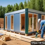 Home 22 건축자재 마케팅과 투자 비용 분석 - A modern construction site in a sunny French suburban area, featuring artisans and entrepreneurs wor...