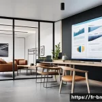 Home 21 건축자재 마케팅 포트폴리오 작성법 - A modern architect’s office interior showcasing a sleek portfolio presentation on a large digital to...