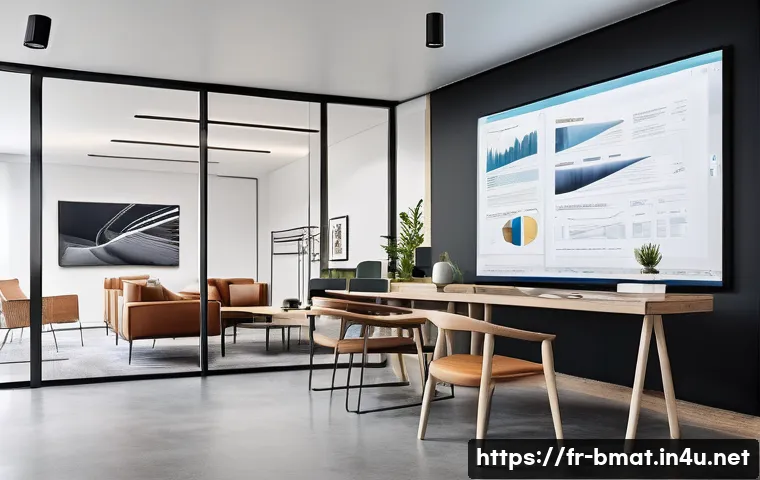 건축자재 마케팅 포트폴리오 작성법 - A modern architect’s office interior showcasing a sleek portfolio presentation on a large digital to...