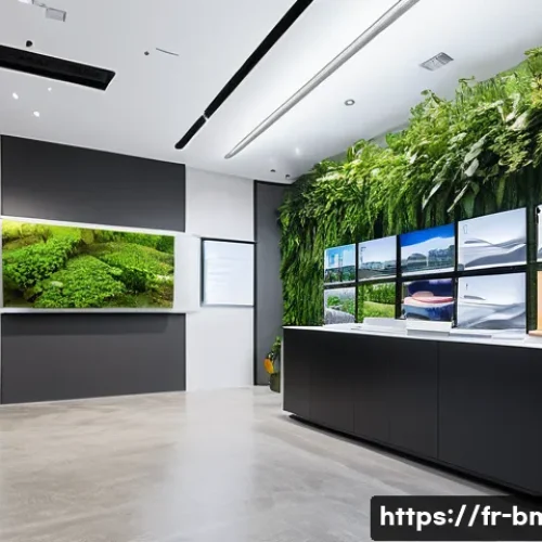 Home 32 건축자재 마케팅 세미나 후기 - A modern construction materials showroom featuring interactive digital displays and augmented realit...