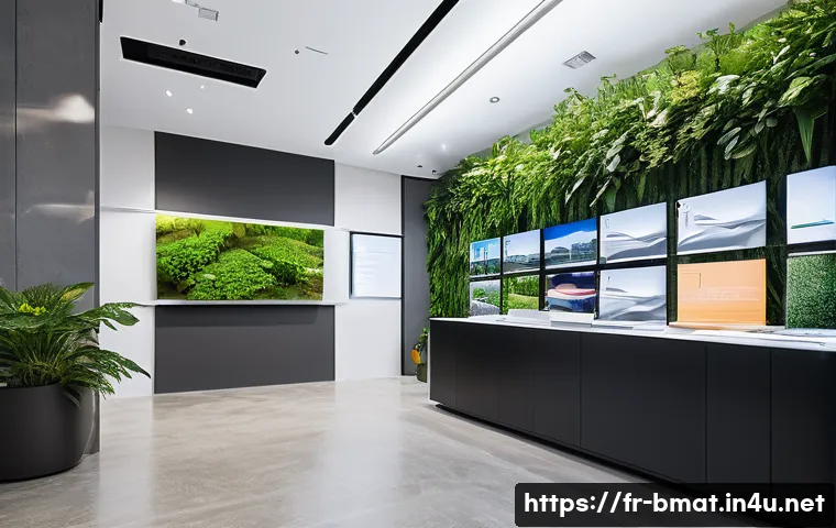 건축자재 마케팅 세미나 후기 - A modern construction materials showroom featuring interactive digital displays and augmented realit...