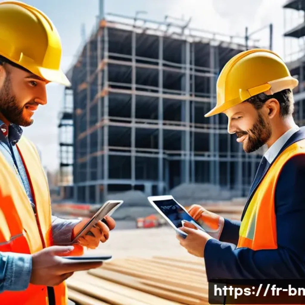 건축자재 마케팅 사례 모음 - A professional construction site scene in a French urban environment, featuring diverse building pro...