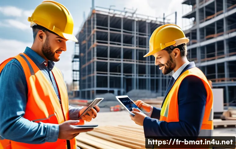 건축자재 마케팅 사례 모음 - A professional construction site scene in a French urban environment, featuring diverse building pro...