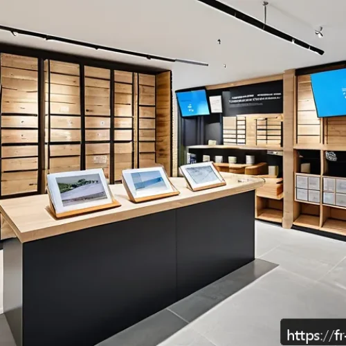 Home 17 건축자재 마케팅에서의 고객 설문조사 활용 - A modern construction materials showroom featuring diverse eco-friendly products such as sustainable...