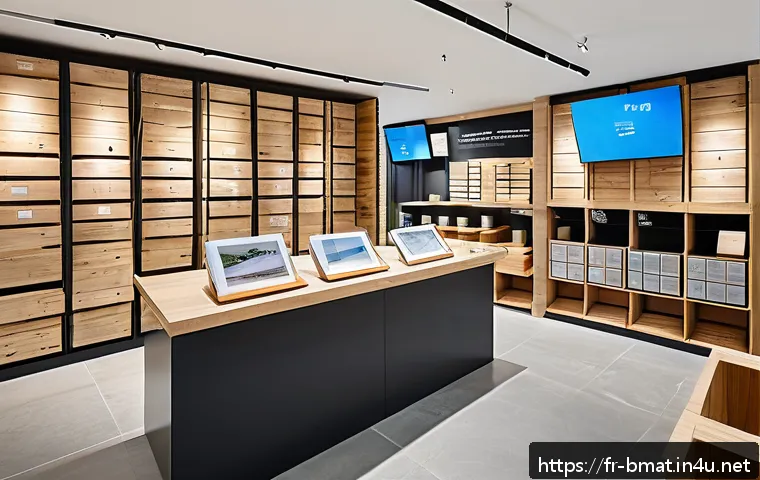건축자재 마케팅에서의 고객 설문조사 활용 - A modern construction materials showroom featuring diverse eco-friendly products such as sustainable...