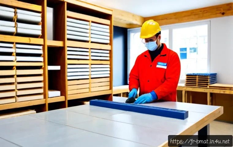 Home 17 건축자재 마케팅에서의 품질 관리 - Photorealistic French construction materials showroom, quality control specialist in clean safety at...
