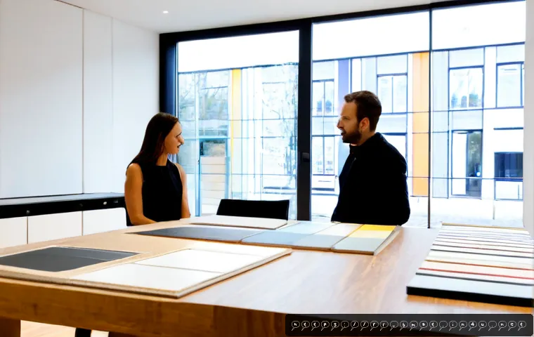 Home 17 건축자재 마케팅과 기술 혁신 사례 - Photorealistic French construction materials showroom in Lyon, a knowledgeable sales consultant pres...